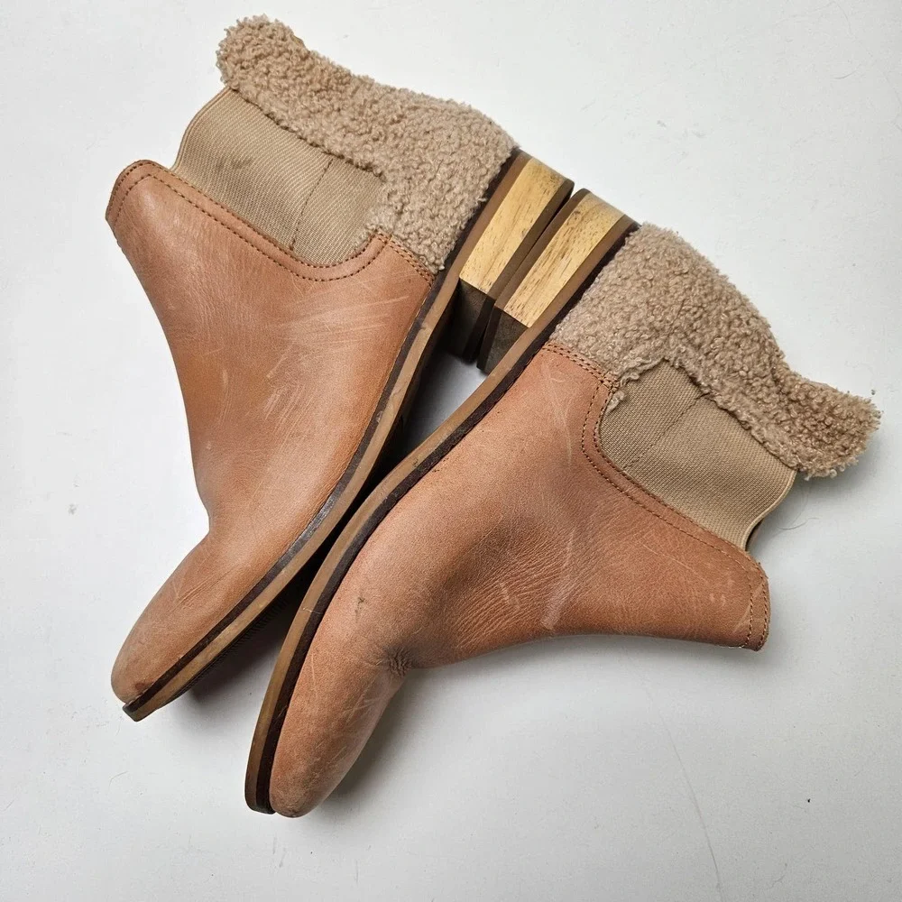 Toms Sherpa Heel Booties Women's 8.5 Tan Leather Ankle Boots‎